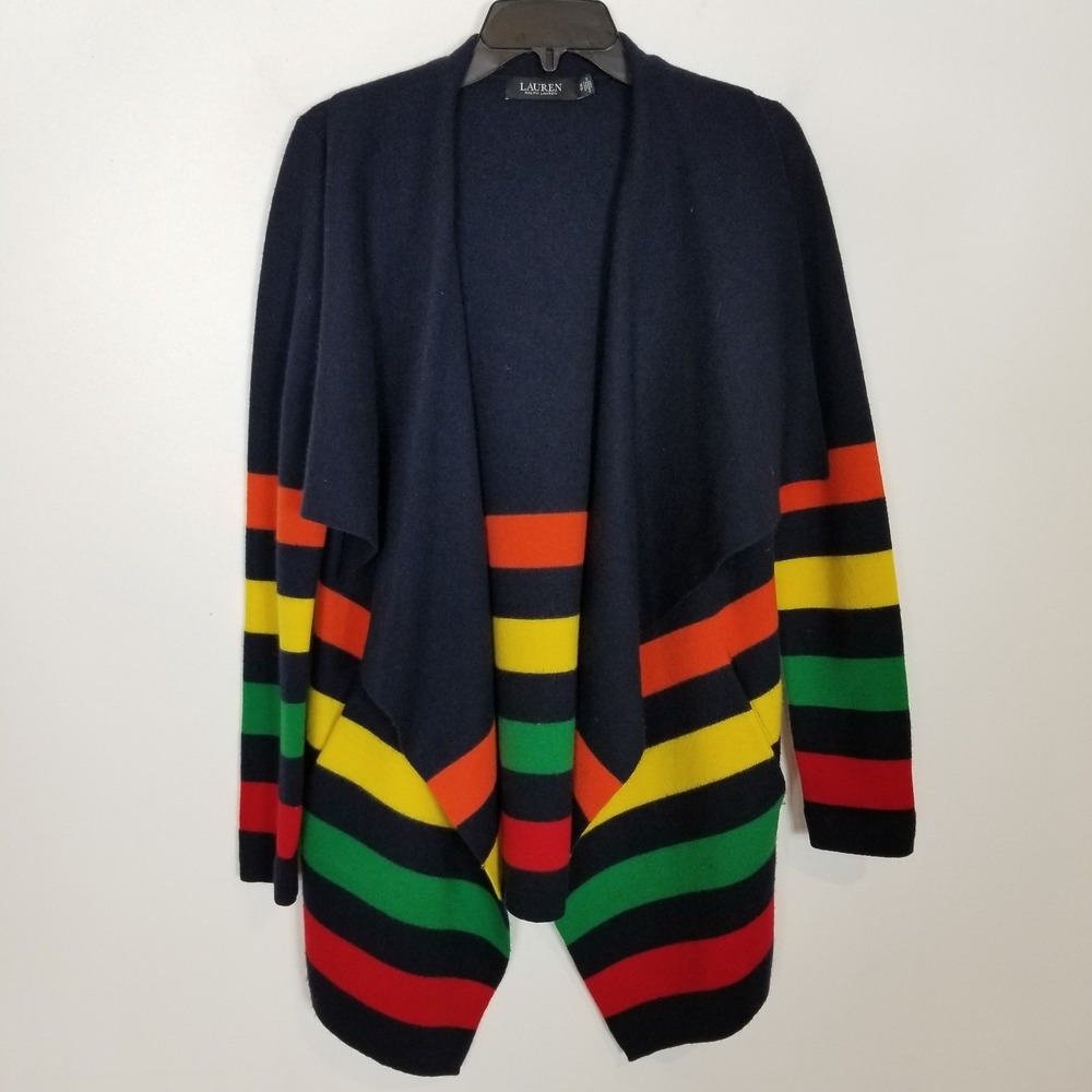 Lauren Ralph Lauren Women Wool Cardigan Sz XS Navy Bright Stripes Open Front